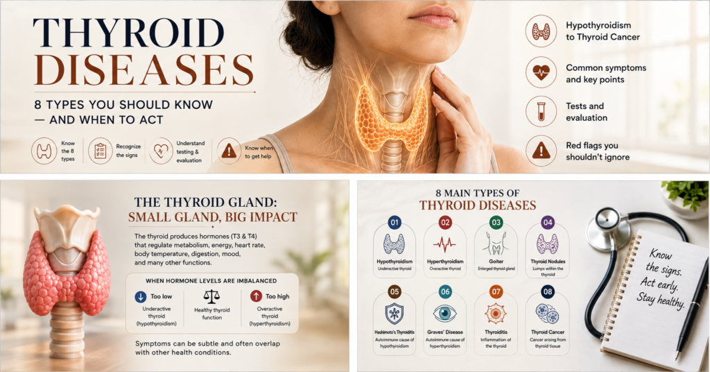 Thyroid diseases infographic showing eight thyroid conditions, symptoms, and warning signs that may require medical evaluation