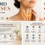 Thyroid diseases infographic showing eight thyroid conditions, symptoms, and warning signs that may require medical evaluation