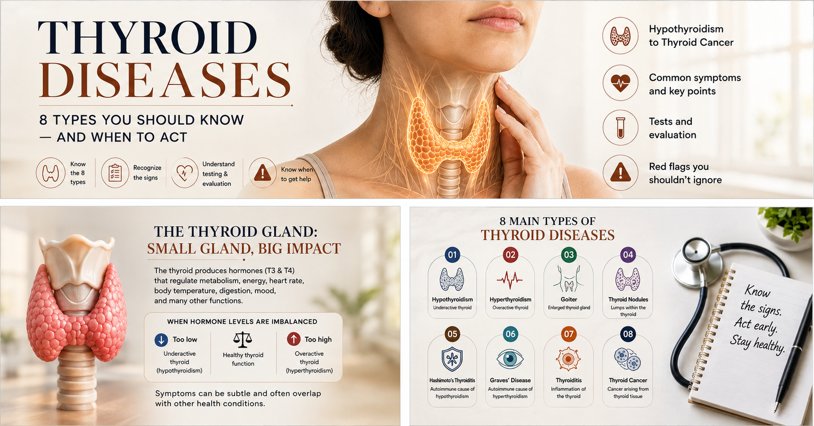 Thyroid diseases infographic showing eight thyroid conditions, symptoms, and warning signs that may require medical evaluation
